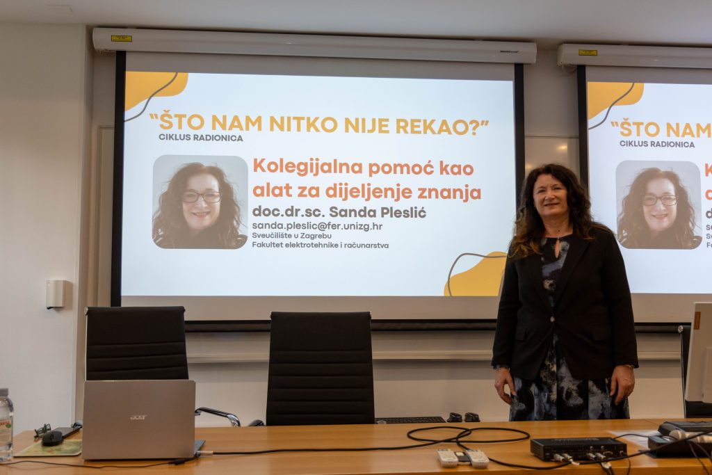 Prva radionica održana je 2. lipnja 2026. na FER-u, u hibridnom obliku, a vodila ju je doc. dr. sc. Sanda Pleslić s Fakulteta elektrotehnike i računarstva. Tema susreta bila je kolegijalna pomoć kao alat za dijeljenje znanja.
